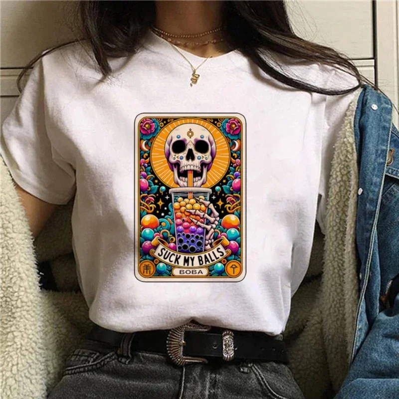 

T-Shirt Summer Fashion O-Neck T-Shirt Top Trend 90s Short Sleeved Women's Skull Print Street Style Printed Versatile T-Shirt.