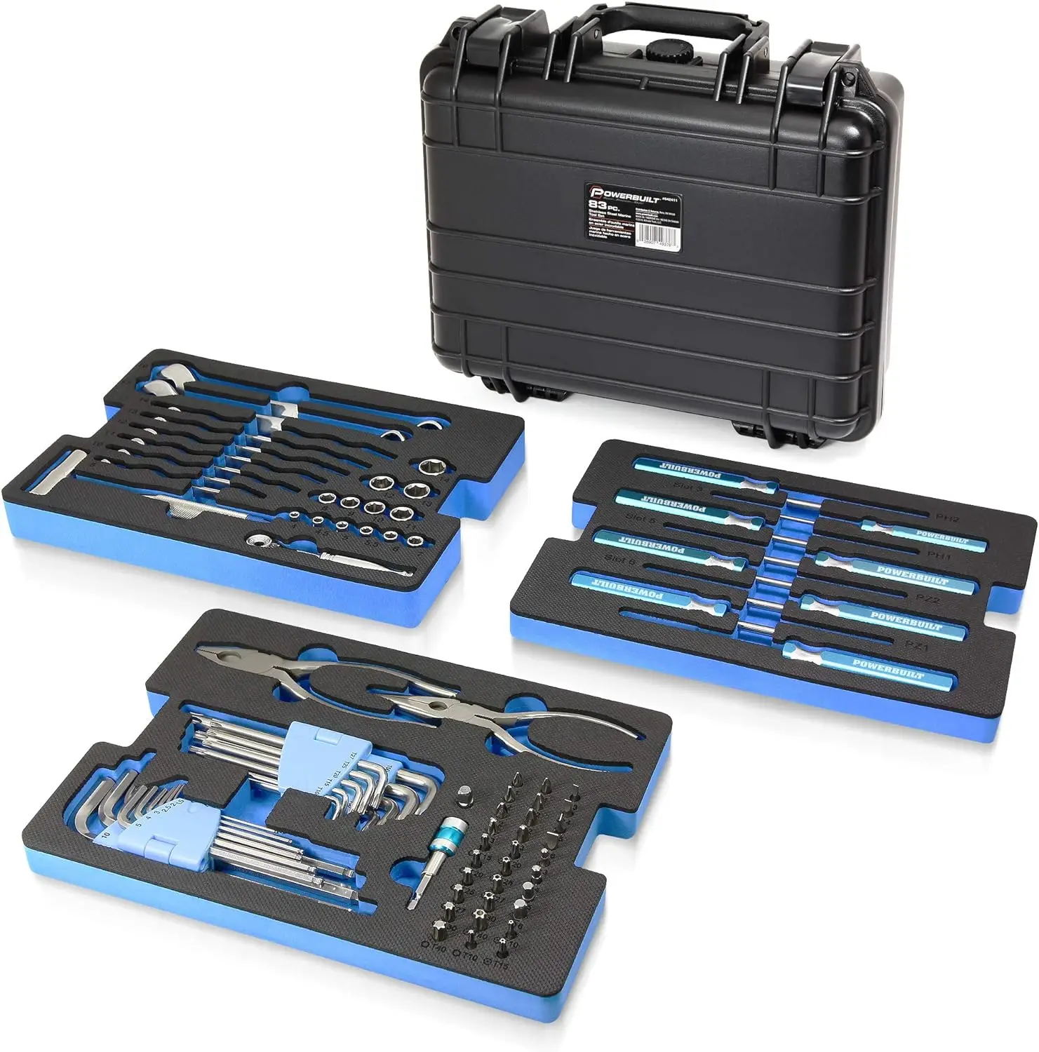 

Powerbuilt 83 Pc. 420J2 Stainless Steel Marine Boat Repair Tool Set, Drivers, Pliers, Wrenches, Mallet, Bit Driver/Bits, Sockets