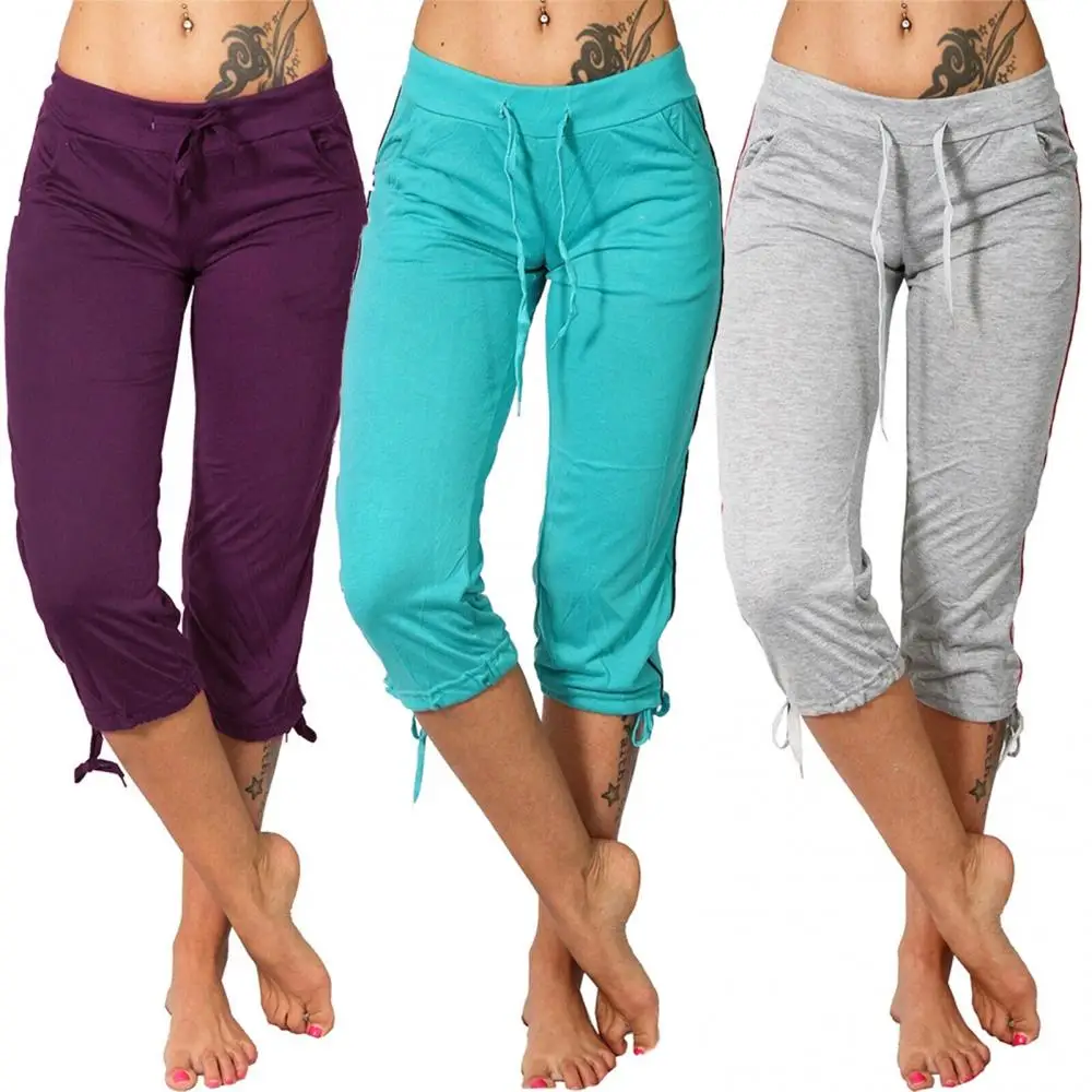 

Women Solid Color Mid Rise Pockets Drawstring Slim Pants Cropped Trousers Lounge Joggers Pants Sweatpants Yoga Pants