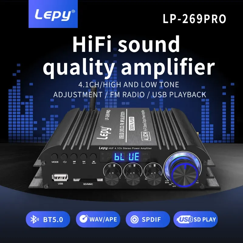 

LP-269PRO With Coaxial Input Bluetooth 5.0 Power Amplifier High Power 4.1 Channel 58Wx4+Subwoofer Out USB SD FM Function