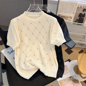 Blusas de malha femininas: uma moda versátil e elegante 7 Summer Sweater Women's Knitted Pullover Loose O-Neck Short Sleeve Diamond Sweater Western Style Versatile Backing Pullover Tops
