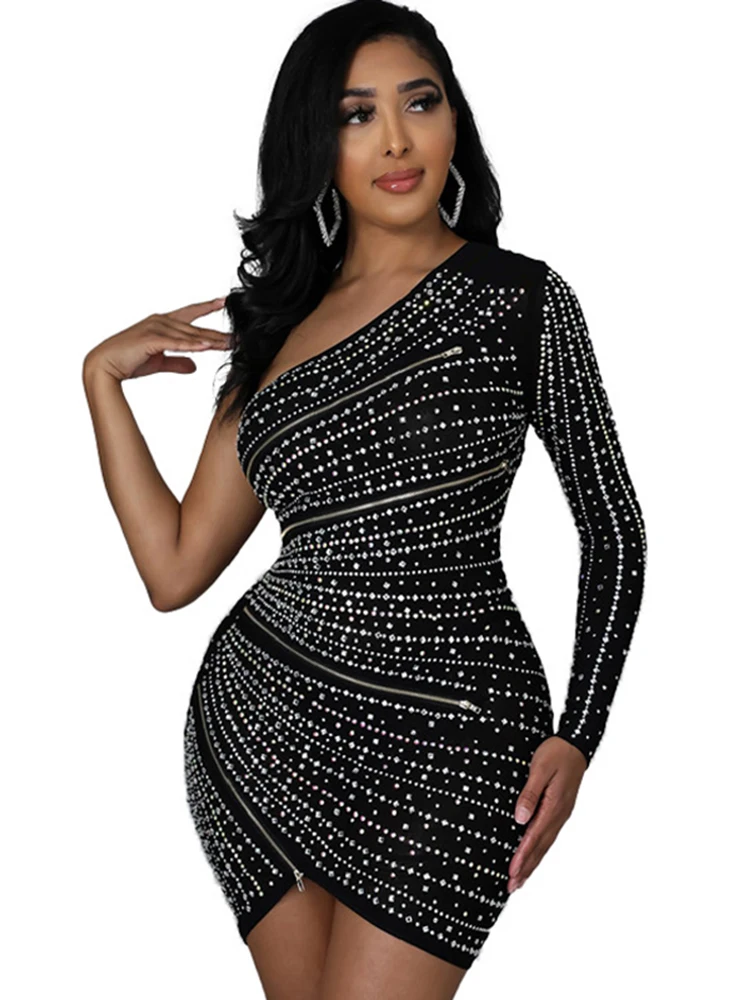 Szkzk Rhinestone Splicing Multi Zipper One Shoulder Long Sleeve Mini Dress Women Bodycon Prom Diamond Asymmetric Short Dresses
Szkzk Rhinestone Splicing Multi Zipper One Shoulder Long Sleeve Mini Dress Women Bodycon Prom Diamond Asymmetric Short Dresses