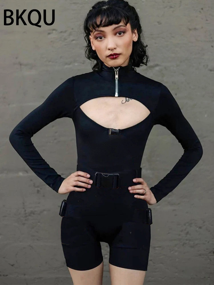 BKQU Long Sleeve Turtleneck Black Rompers Women Basic Hollow out Motorbike Jumpsuit Sexy Zipper Fitness One-piece Playsuits 2023
BKQU Long Sleeve Turtleneck Black Rompers Women Basic Hollow out Motorbike Jumpsuit Sexy Zipper Fitness One-piece Playsuits 2023