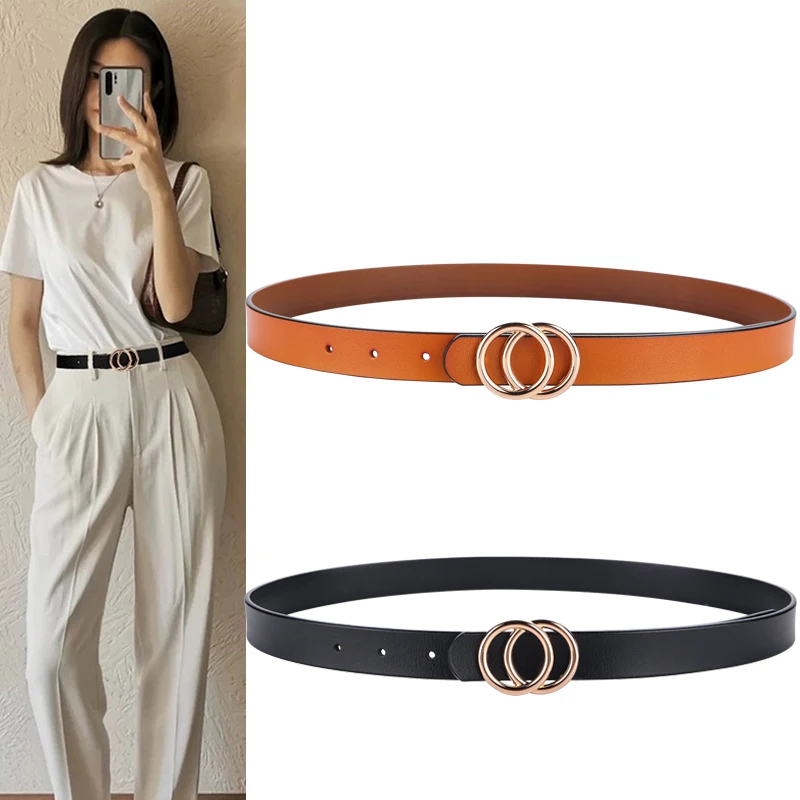 

New Double Ring Women Fashion Waist belt Genuine Leather Metal Buckle Heart Pin For Ladies Leisure Dress Jeans Wild Waistband