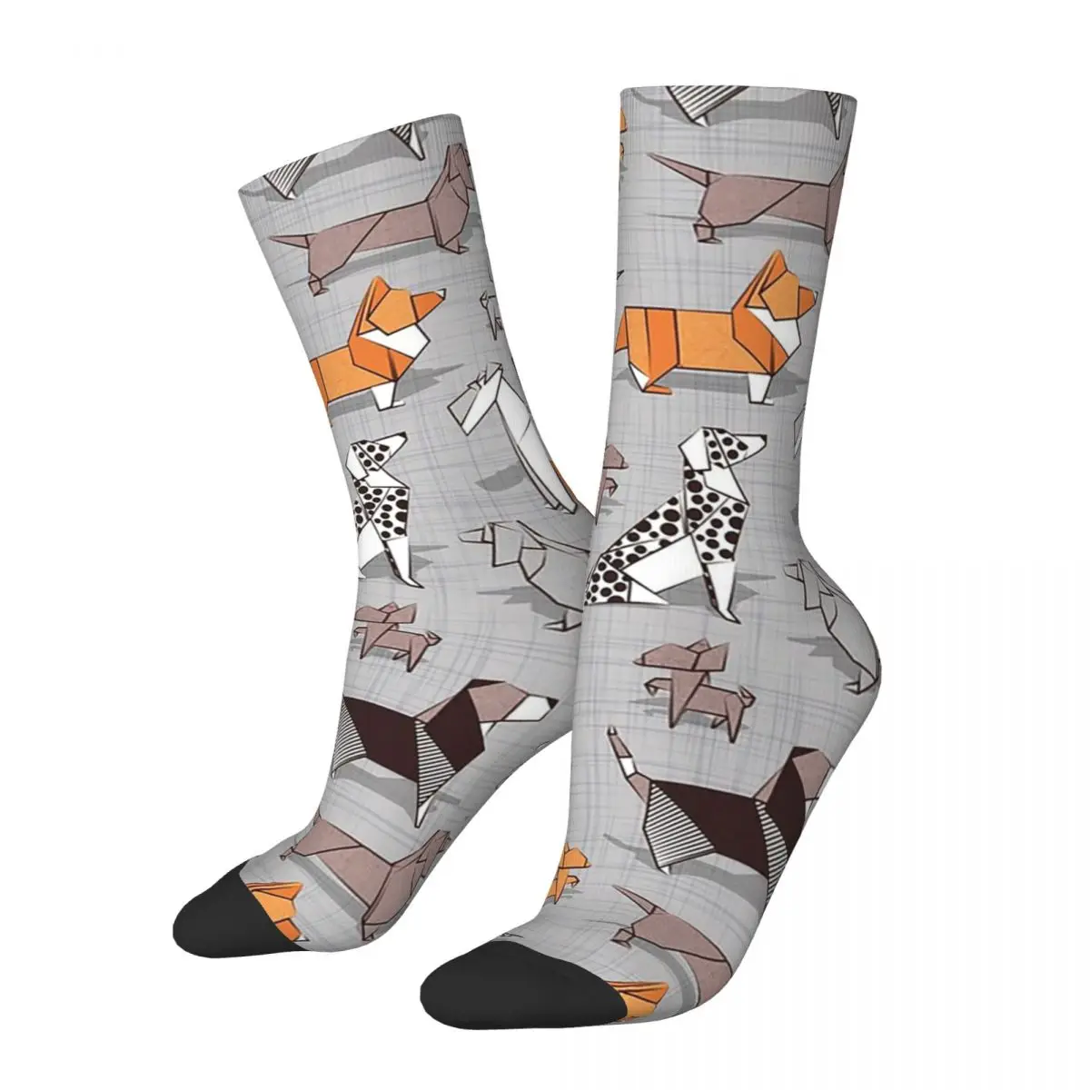 

Origami Doggie Friends Grey Linen Texture Background Socks Super Soft Stockings All Season Long Socks for Man's Woman's Gifts