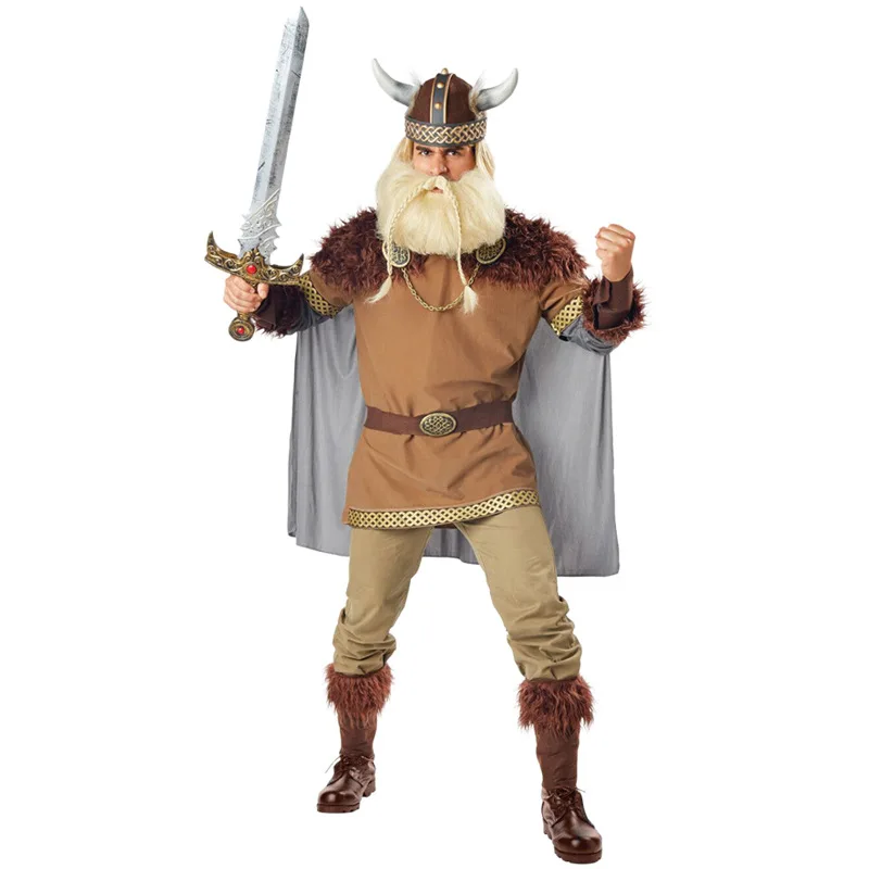 

Adult Men Viking Soldier Warrior Fighter Combatant Renaissance Knight Top Pants Cloak Set Halloween Cosplay Costumes Outfit