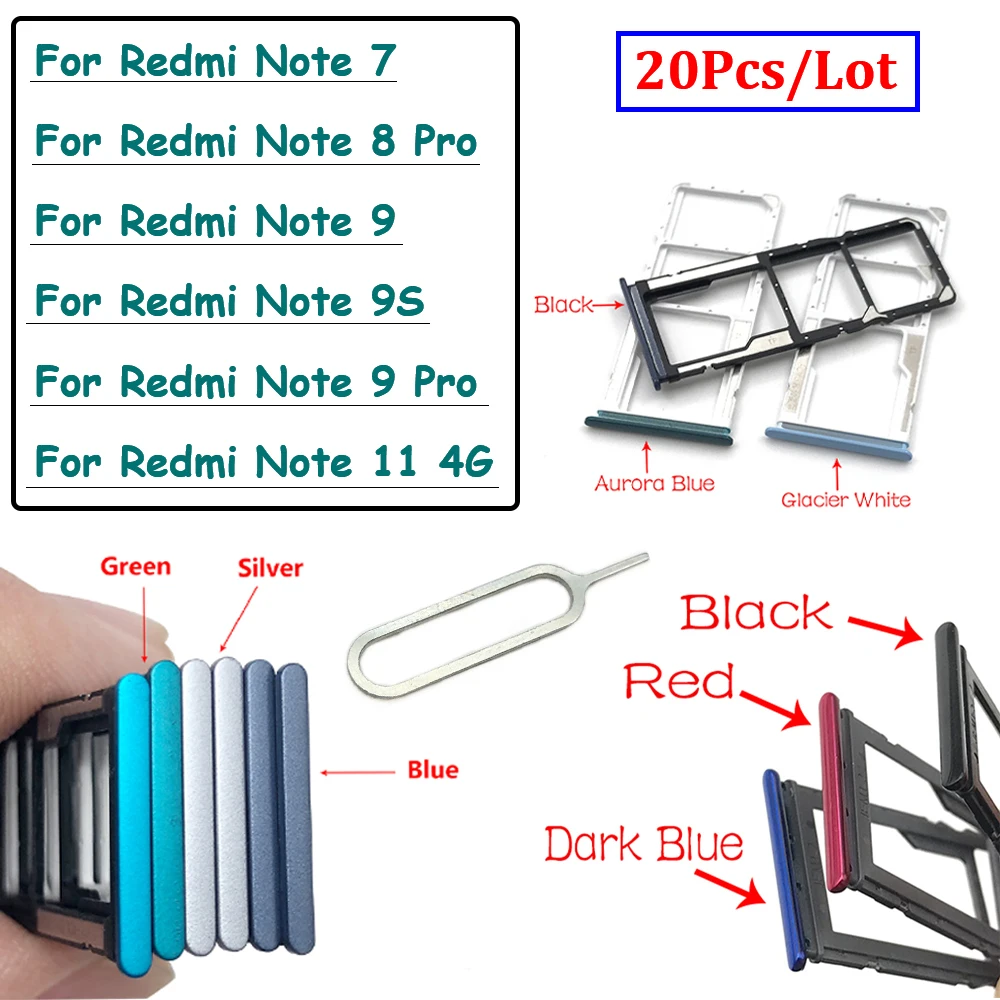 

20Pcs，SIM Card Tray Slot Holder Replacement Part For Xiaomi Redmi Note 7 Note 8 Pro Note 9S Note 9 Pro Note 11 4G + Eject Pin
