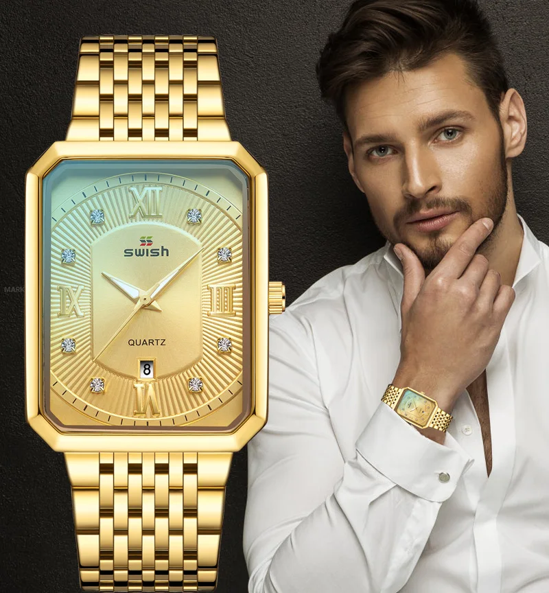 

SWISH 2022 New Design Luxury Gold Men Watches Square Mens Dress Quartz Wristwatch Relogio Feminino Gift Classic Black Clock