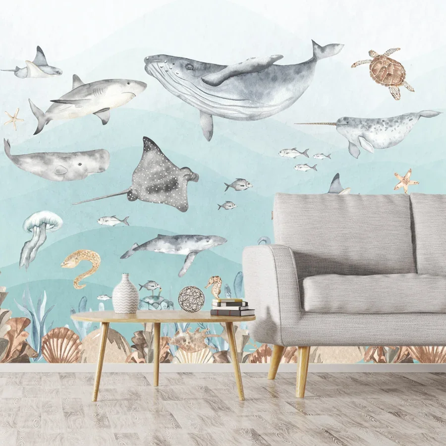 

Custom Peel Stick Accepted Cartoon Kids Contact Wall Covering Papers Home Decor Wallpapers for Living Room Seaworld Shark Murals