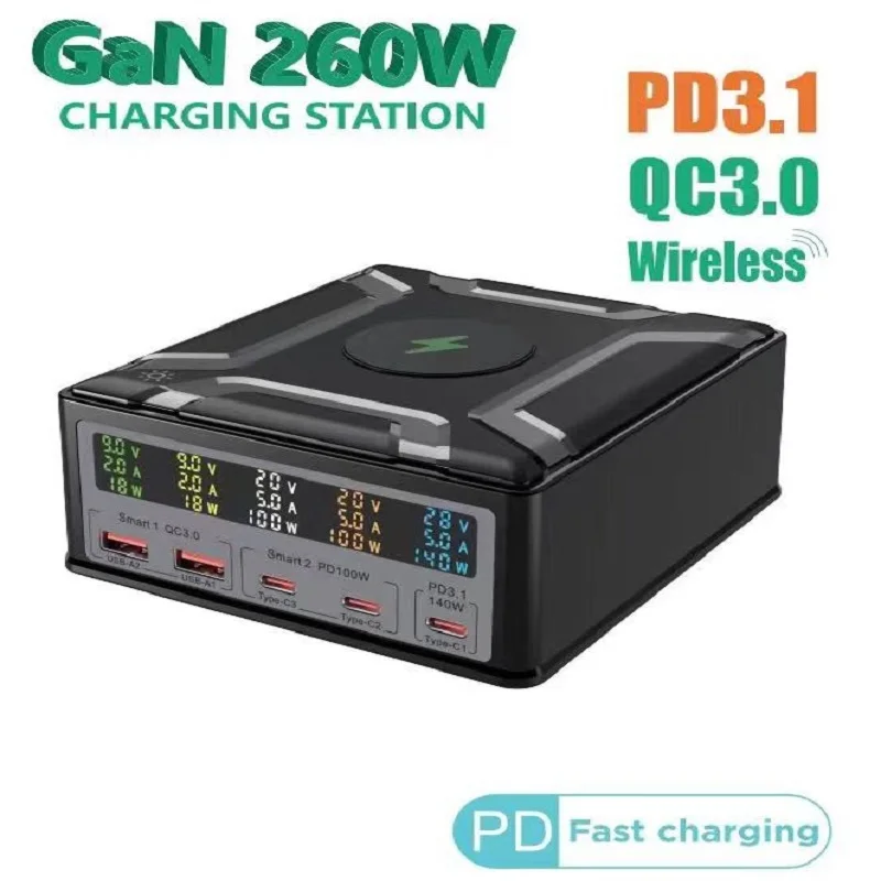 260W GaN USB Type C Phone Fast Charge Wireless Charger QC3.0 PD3.1 140W Quick Charger Station For Macbook Pro Tablet iPhone 14
260W GaN USB Type C Phone Fast Charge Wireless Charger QC3.0 PD3.1 140W Quick Charger Station For Macbook Pro Tablet iPhone 14