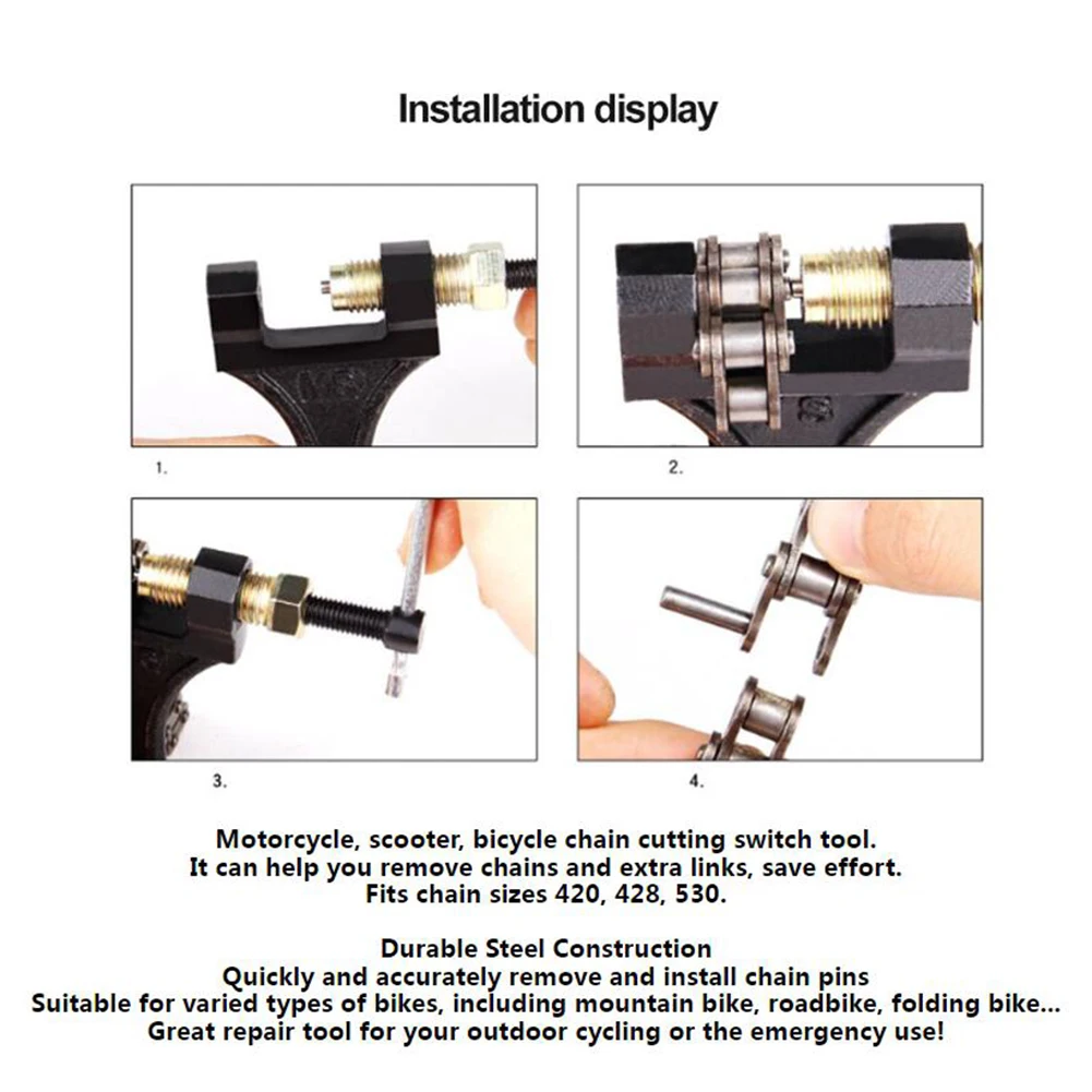 Motorcycle Chain Breaker Link Removal Splitter Motor Chain Cutter Riveting Tool 420-530;
Motorcycle Chain Breaker Link Removal Splitter Motor Chain Cutter Riveting Tool 420-530;