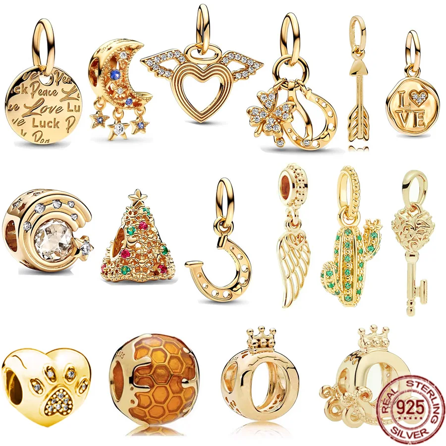 

Gold Plated Lucky Clover, Crescent Moon ,Wishbone & Horseshoe Dangle Charm Bead Fit Original Pandora Bracelet Silver 925 Jewelry