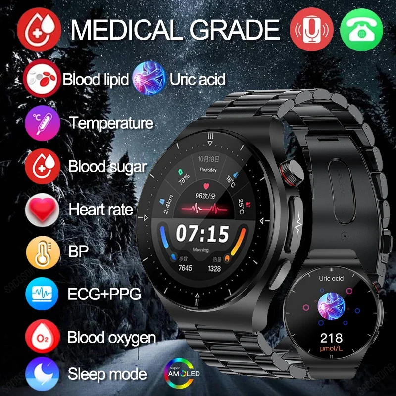 

2023 New Uric Acid Smart Watch Men ECG+PPG+HRV Bluetooth Call Blood Sugar Blood Pressure Blood Lipid Health Tracker SmartWatch