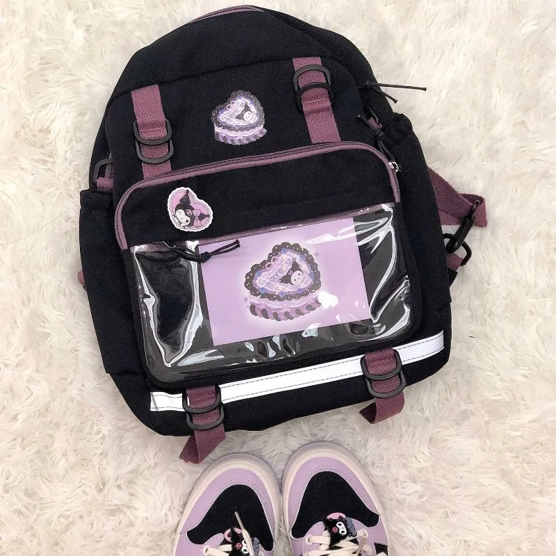 

MBTI Fashion Kuromi Womens Backpack Nylon Black Japanese Style Students Cute Aesthetic Backpacks Original New Large Capacity Bag