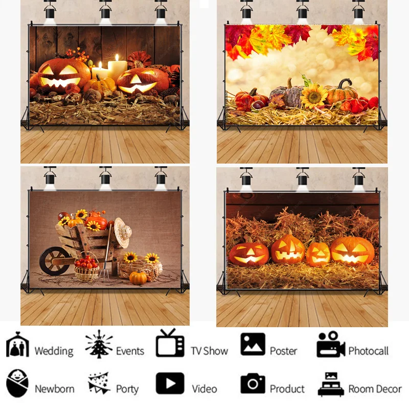 

ZHISUXI Halloween Background Autumn Pumpkin Farm Haystack Fallen Leaves Baby Portrait Photography Studio Prop Background NG-01