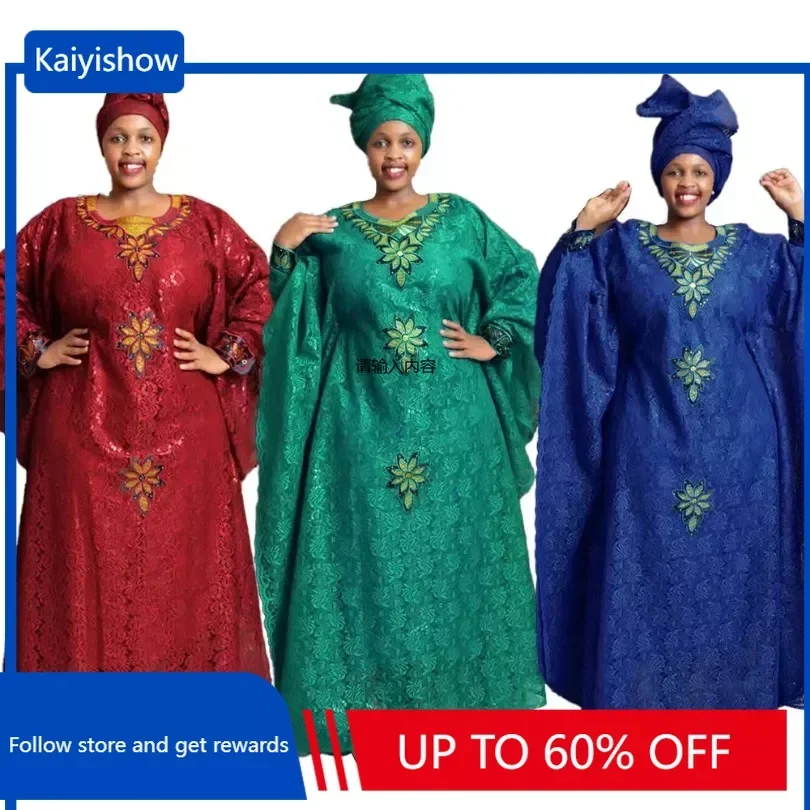 

Dashiki African Dresses for Women Muslim Fashion Lace Boubou Traditional Africa Clothes Ankara Outfits Evening Gown With Headtie