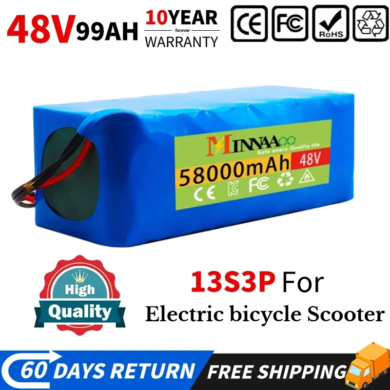 48V 100Ah 1000W 13s3p 48V 18650 Li-Ion Battery Pack for 54.6V Electric Scooter with BMS 54.6V Charger and Backup Battery
48V 100Ah 1000W 13s3p 48V 18650 Li-Ion Battery Pack for 54.6V Electric Scooter with BMS 54.6V Charger and Backup Battery