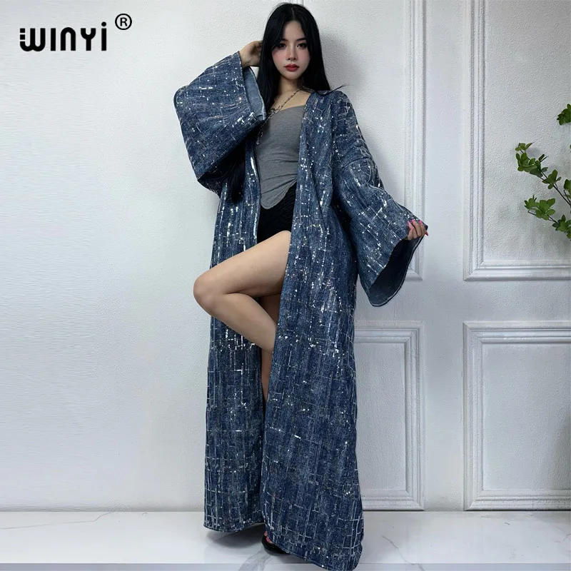 Новый Джинсовый кардиган с блестками WINYI, женское длинное пуховое пальто, свободное платье, элегантная женская накидка макси для плавания, модное кимоно
Новый Джинсовый кардиган с блестками WINYI, женское длинное пуховое пальто, свободное платье, элегантная женская накидка макси для плавания, модное кимоно