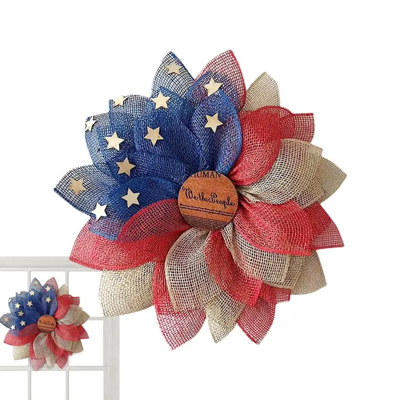 

4th of July Wreath Linen Patriotic Wreath Handcrafted Americana Decor for Memorial Day American Flag Garland Front Door Decor