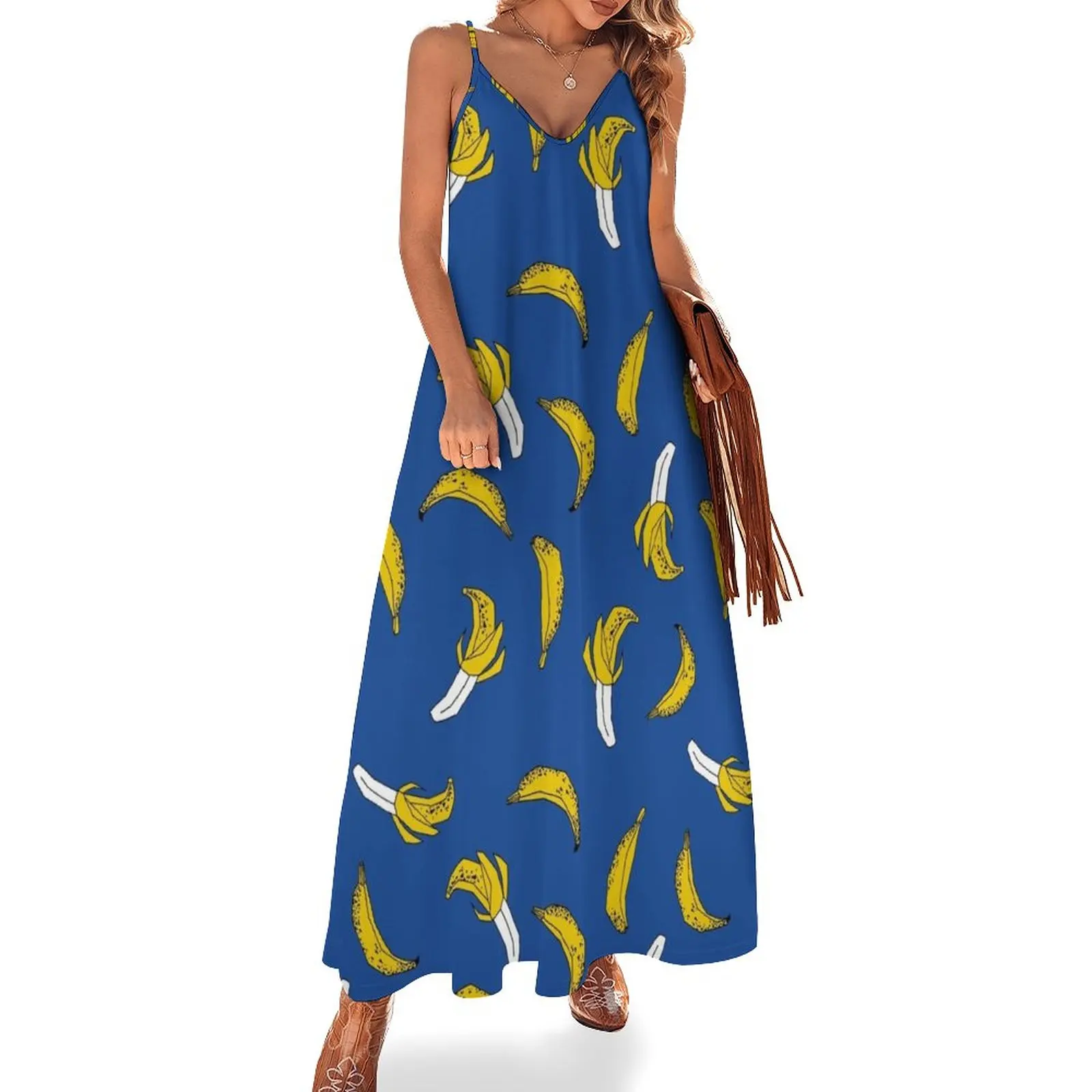 

New Banana pattern navy print cute minimal bananas by andrea lauren fruit drawing by Andrea Lauren Design Sleeveless Dress