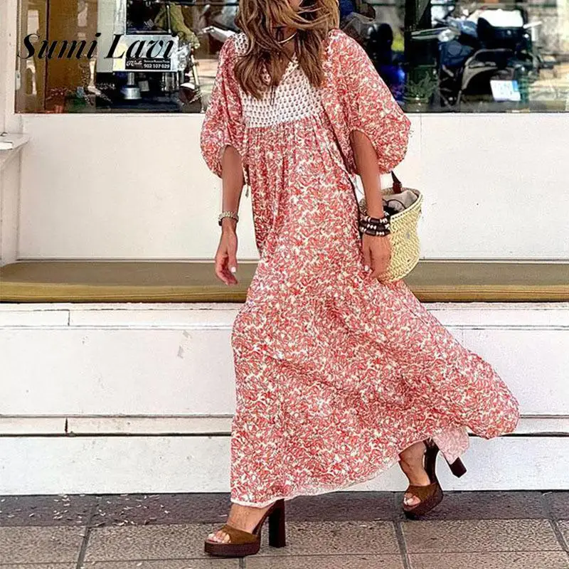 Elegant Flower Print Loose Bohemian Dress Women Sexy Deep V-neck Pullover Dress Casaul Bubble Sleeve Pleated Long Party Dresses
Elegant Flower Print Loose Bohemian Dress Women Sexy Deep V-neck Pullover Dress Casaul Bubble Sleeve Pleated Long Party Dresses