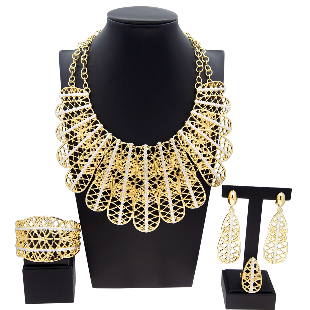 Italian Jewelry Sets For Women Gold Plated Necklace Cutout Feather Designer Style Open Bracelet Earrings Dinner Party Bijoux Designer Style Open Bracelet Earrings Dinner Party Bijoux