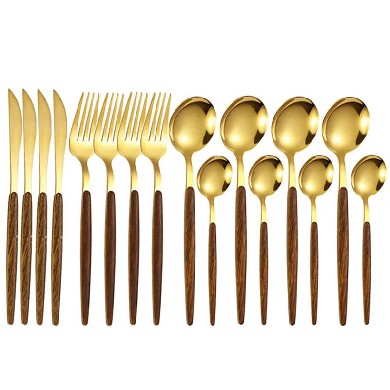 16pcs Golden Tableware Set Imitation Wooden Handle Cutlery Stainless Steel Flatware Fork Knife Spoon Dinnerware Silverware
16pcs Golden Tableware Set Imitation Wooden Handle Cutlery Stainless Steel Flatware Fork Knife Spoon Dinnerware Silverware