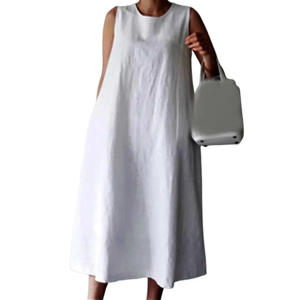 

Women Summer Dress O Neck Loose A-line Sleeveless Solid Mid-calf Length Soft Breathable Casual Pockets Midi Dress vestidos