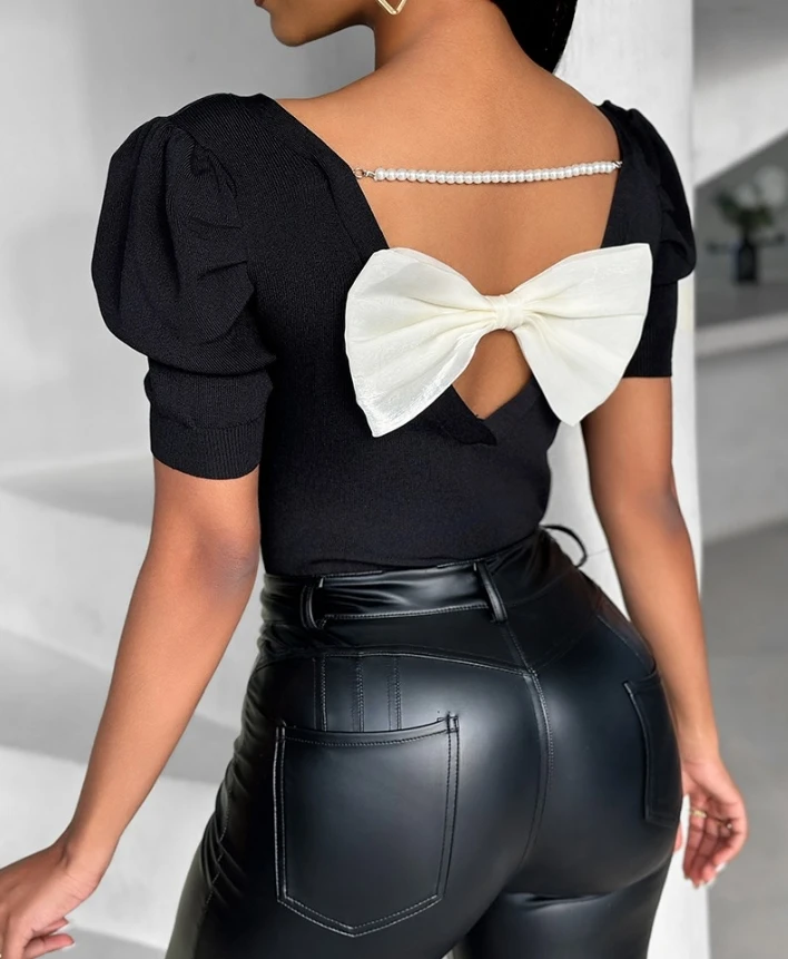 

Women Blouse Tops Elegant Solid Color Round Neck Bowknot Pearl Chains Details Backless Short Puff Sleeve Skinny T-Shirt Crop Top