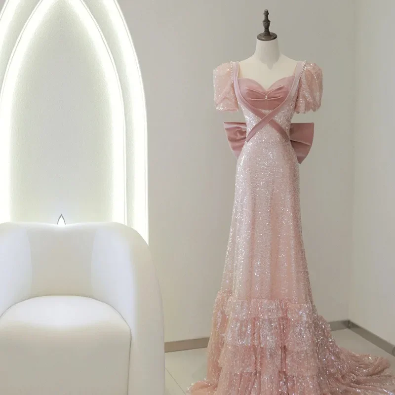 Fairy Pink Velour Formal Evening Dress Elegant Sequined Party Shiny Dresses Sweet Bow Birthday Gown A-line Vestidos Robe
Fairy Pink Velour Formal Evening Dress Elegant Sequined Party Shiny Dresses Sweet Bow Birthday Gown A-line Vestidos Robe