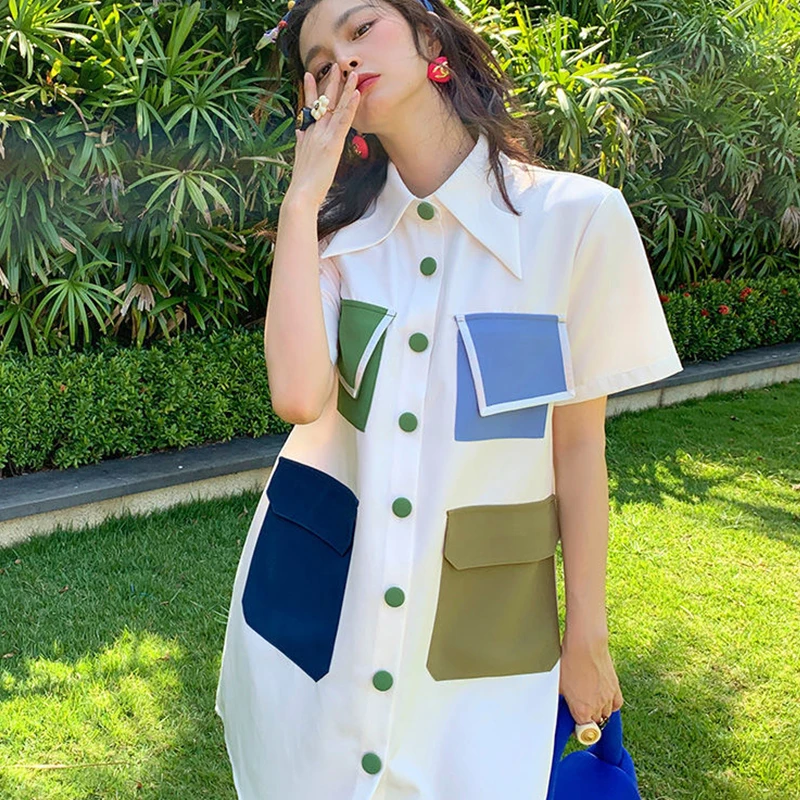Summer Women's Shirt Dress Temperament Stitching Pocket Shirt Skirt Gentle Style French Bellflower Skirt
Summer Women's Shirt Dress Temperament Stitching Pocket Shirt Skirt Gentle Style French Bellflower Skirt