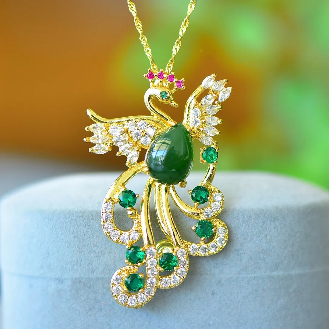 

Natural Green Jade Phoenix Pendant With Zircon Emerald Ruby Hetian Jades Nephrite Peacock Charms Necklace Women Copper Jewelry