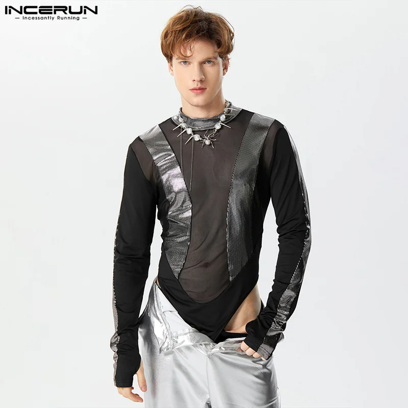 

INCERUN Sexy Men's Rompers Flash Spliced Mesh See-through Jumpsuits Half High Neck Thimble Triangle Long Sleeve Bodysuits S-3XL