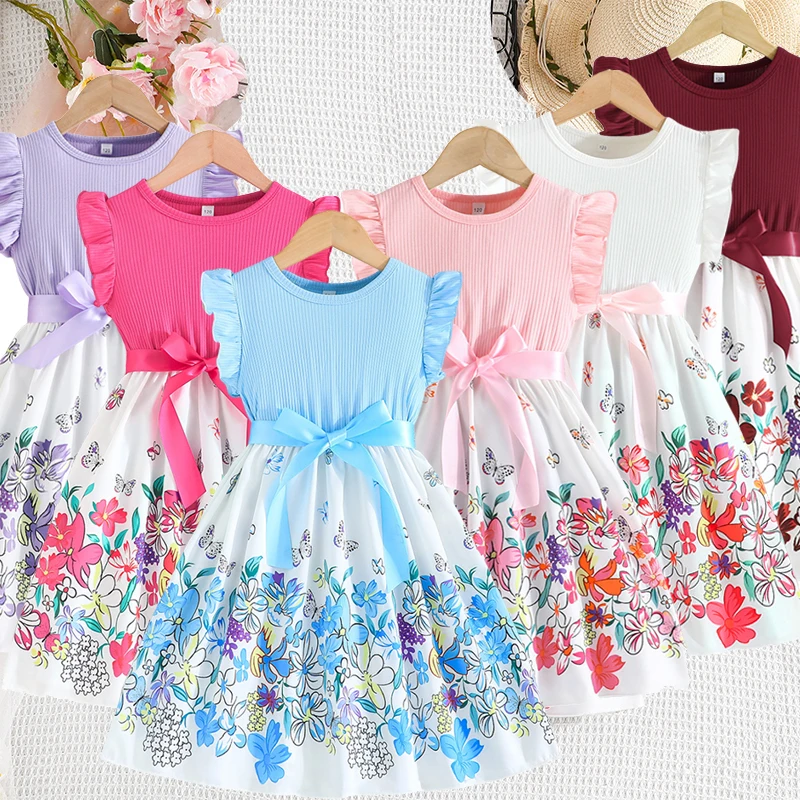 

2024 Summer Casual Dresses Floral Cute Dresses Girls Butterfly Prints Dresses Bohemia Daily Clothing for 3-10 Years Children