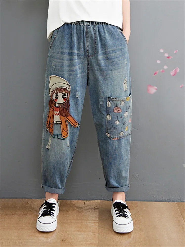 

Женские джинсовые брюки с вышивкой, модные повседневные бриджи с дырками и высокой талией, с карманами, синие шаровары для мам, Z696