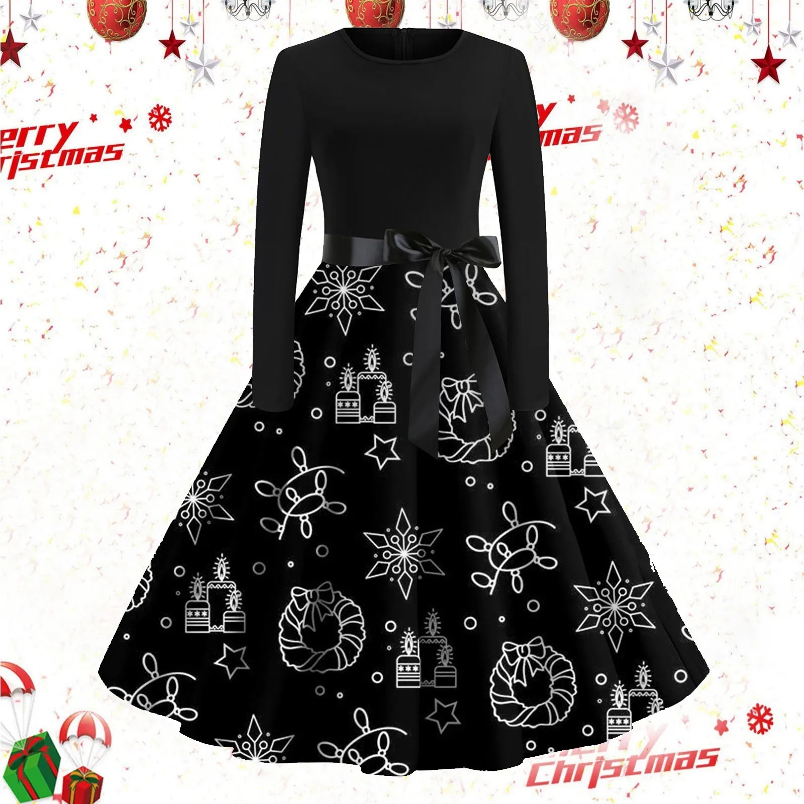 

Merry Christmas Dresses For Women's 2023 Elk Snowflake Printed Long Sleeved Swing Dress With Bow Belt A Line Party Dress