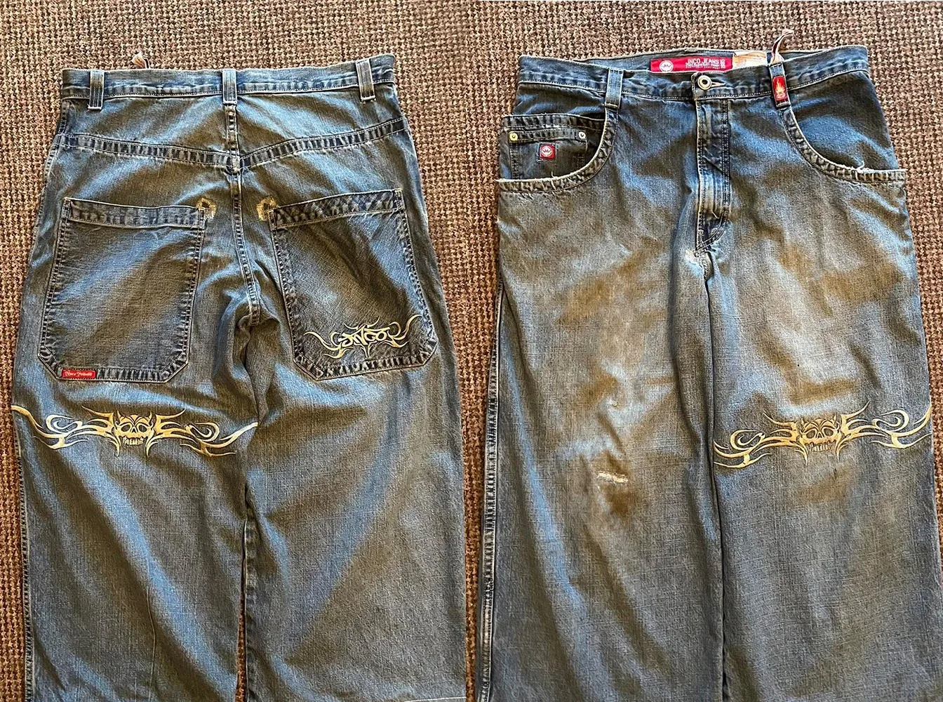 

Джинсы JNCO Y2K, брюки в стиле хип-хоп с графической вышивкой, ретро синие джинсы для мужчин и женщин, новые готические широкие брюки с высокой талией в стиле Харадзюку