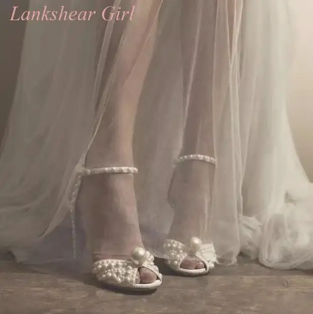

Women Sandals Pearls Embellished Satin Sandals Buckle Fastening Ankle Strap Chunky Heel High Heel Sandals Wedding Shoes