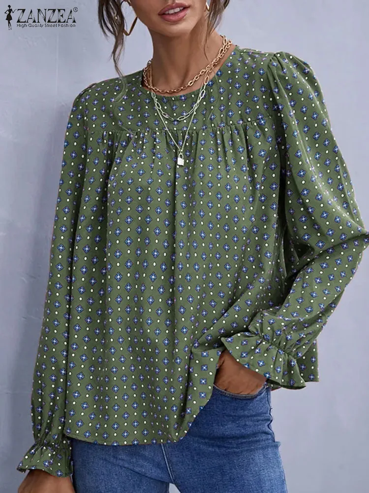 

ZANZEA Vintage Printed Blouse Women Long Puff Sleeve Shirts 2024 Spring Retro Stitching Pleats Tops Holiday Loose O-neck Tunics