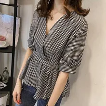 Summer Plaid Blouse High Waist V Neck Top Shirt Black Women Sweet Fashion Office Elegant Casual Basic Tops Ladies Blouse
Summer Plaid Blouse High Waist V Neck Top Shirt Black Women Sweet Fashion Office Elegant Casual Basic Tops Ladies Blouse