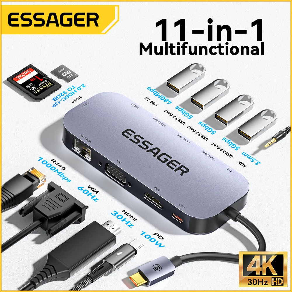 Essager 11 in 1 USB C HUB 4K 30HZ Type C Docking Station For Macbook Air Pro Adapter Splitter For Laptops HDMI-Compatible RJ45
Essager 11 in 1 USB C HUB 4K 30HZ Type C Docking Station For Macbook Air Pro Adapter Splitter For Laptops HDMI-Compatible RJ45