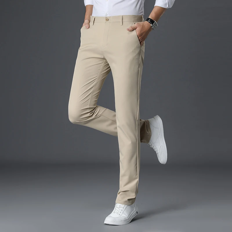 

Men's Spring Autumn Solid Button Zipper Pockets Casual Slim Suit Trousers Fashion Vintage Formal Office Lady England Style Pants