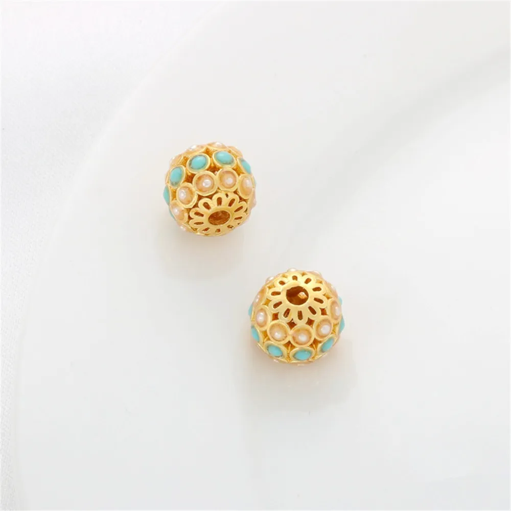

18 karat gold matte gold with turquoise pearl hollow spacer beads transfer beads diy bracelet necklace jewelry accessories