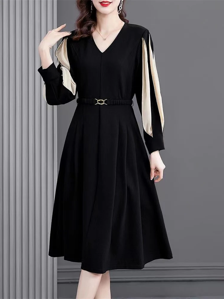 Solid Color Patchwork Midi Dress Elegant V-Neck All-match Spring Autumn Sashes A-Line Waist Women's Pleated Dresses
Solid Color Patchwork Midi Dress Elegant V-Neck All-match Spring Autumn Sashes A-Line Waist Women's Pleated Dresses