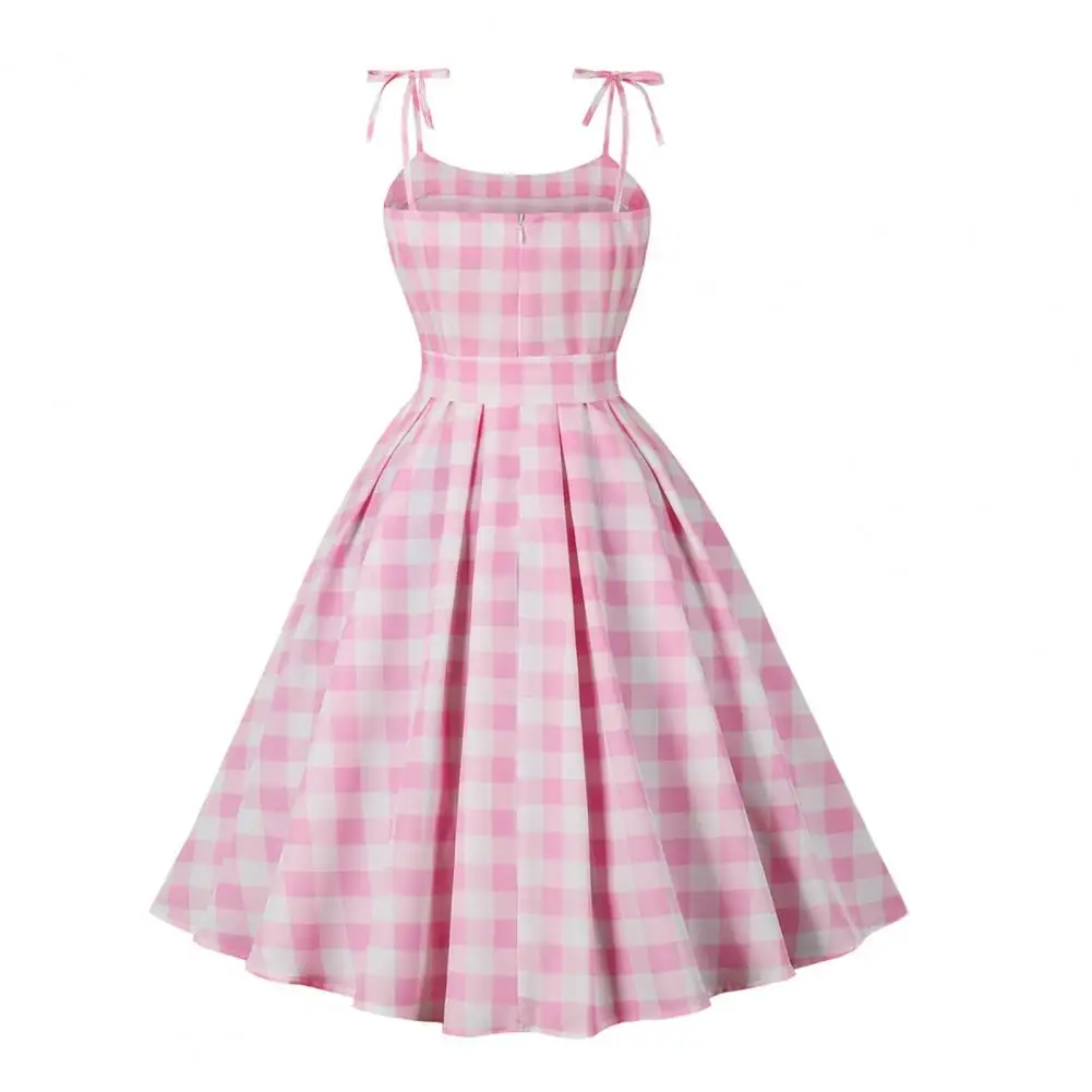 

Cocktail Party Costume Pink Plaid Dress Elegant Lace-up Bowknot Hidden Zipper Flattering Skater Hem for Cocktail Parties Swing