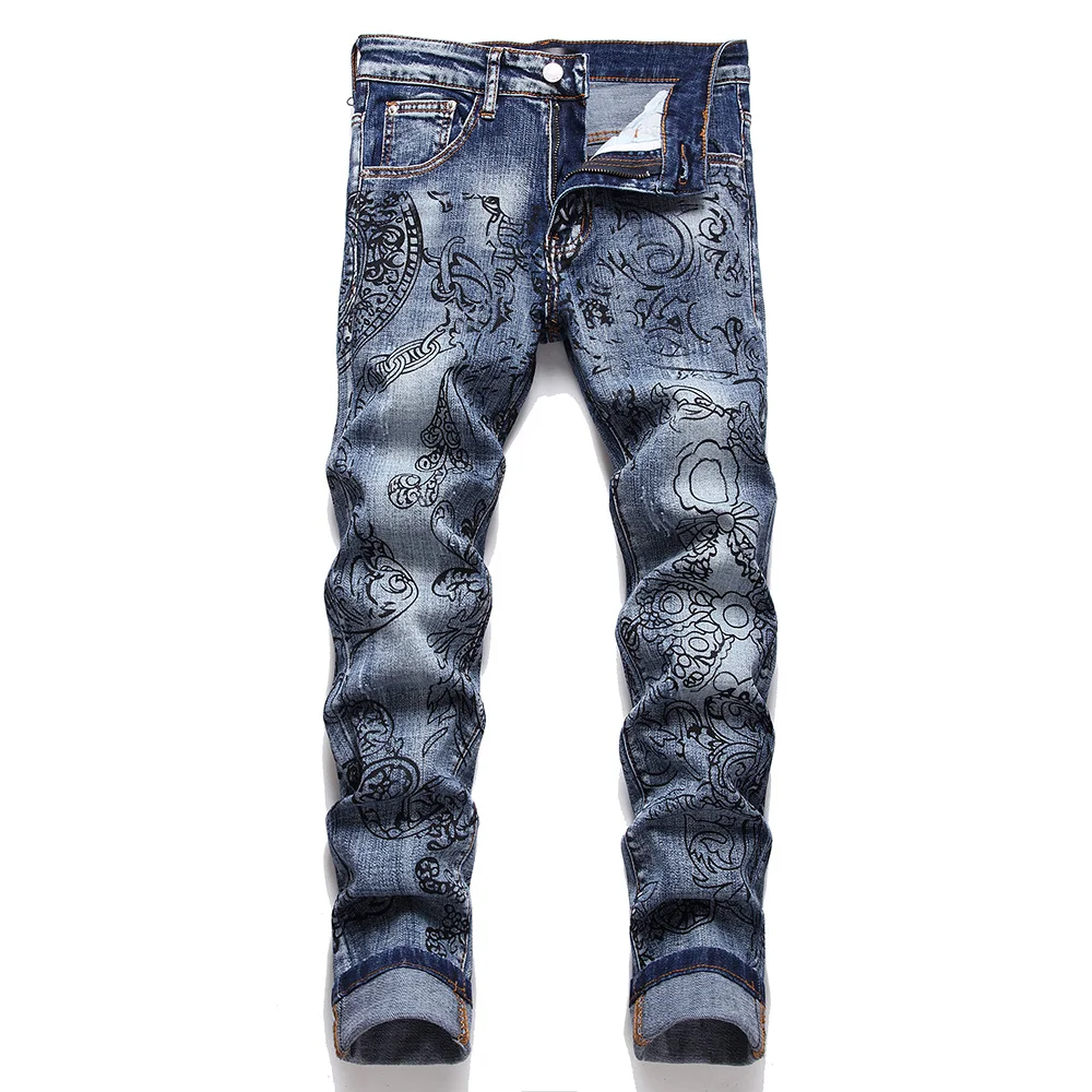 Men Floral Print Jeans Fashion Pattern Stretch Denim Pants Streetwear Slim Tapered Blue Trousers
Men Floral Print Jeans Fashion Pattern Stretch Denim Pants Streetwear Slim Tapered Blue Trousers