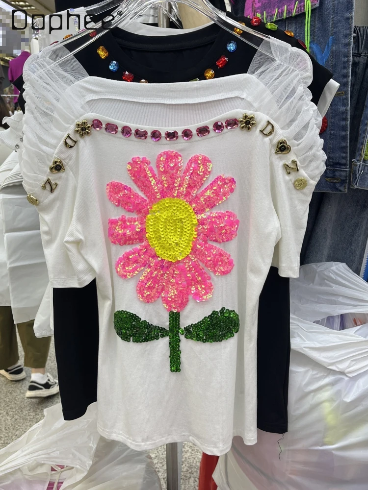 

Fashion Loose Sequined Large Flower White T-shirt Female 2024 Summer New Diamond Mesh Stitching Short Sleeve Top Women Clothes