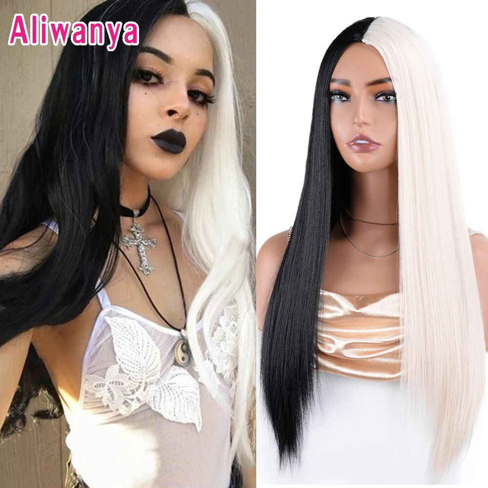 

Half Black Half White Two Tone Cosplay Wig 28Inch Long Straight Bicolor Wigs Hair Middle Parting For Women Daily Party Halloween