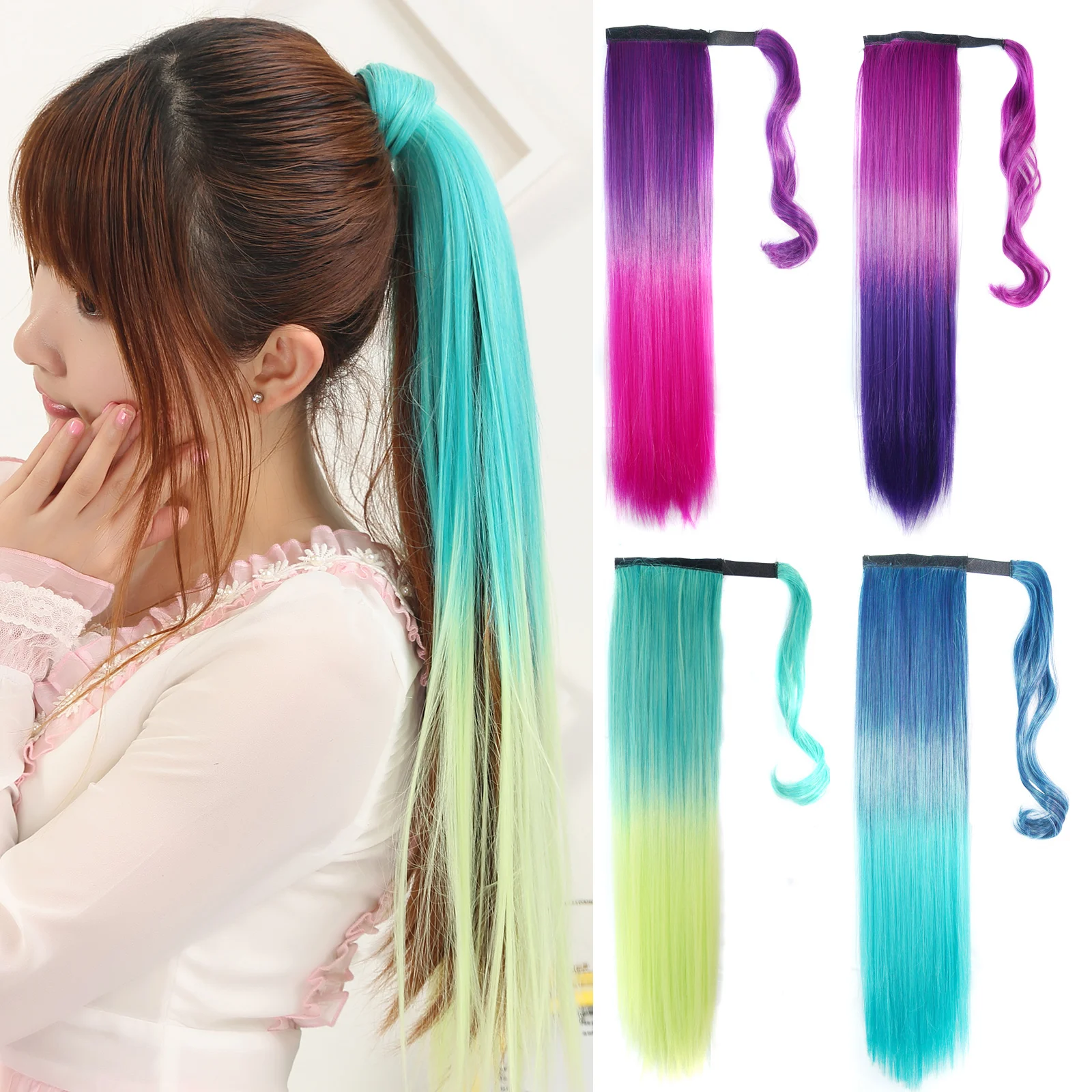 

Zolin Long Straight Synthetic Ponytail Hair Extension Wrap Around Ponytails Green Pink Purple Ombre Color Hairpiece For Girls