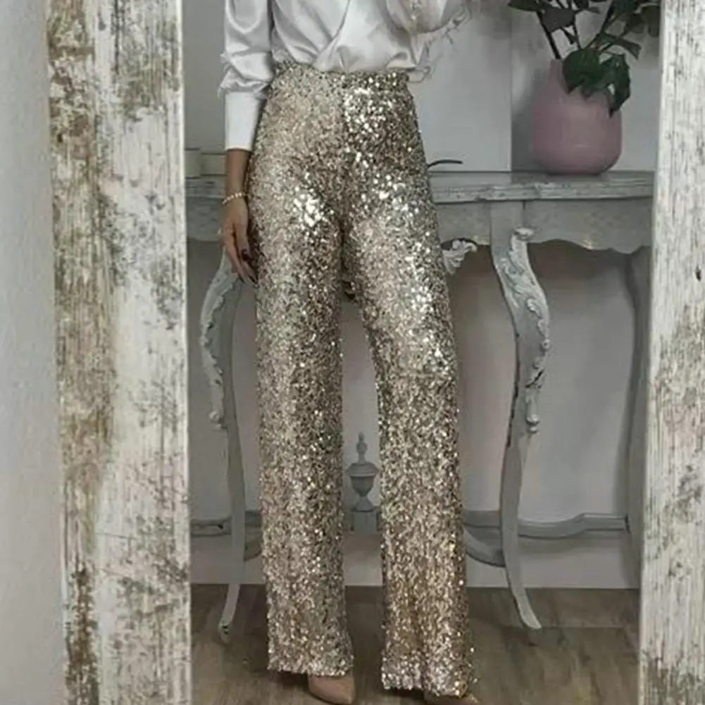 

Women Sequins Long Pants Slim Fit High Waist Flared Pants Solid Color Elastic Shining Trousers Women's Clothing Streetwear